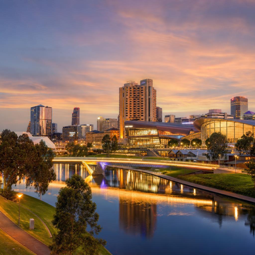 Adelaide skyline along the River Torrens at dusk — CCTV installation by Aussie CCTV Cams