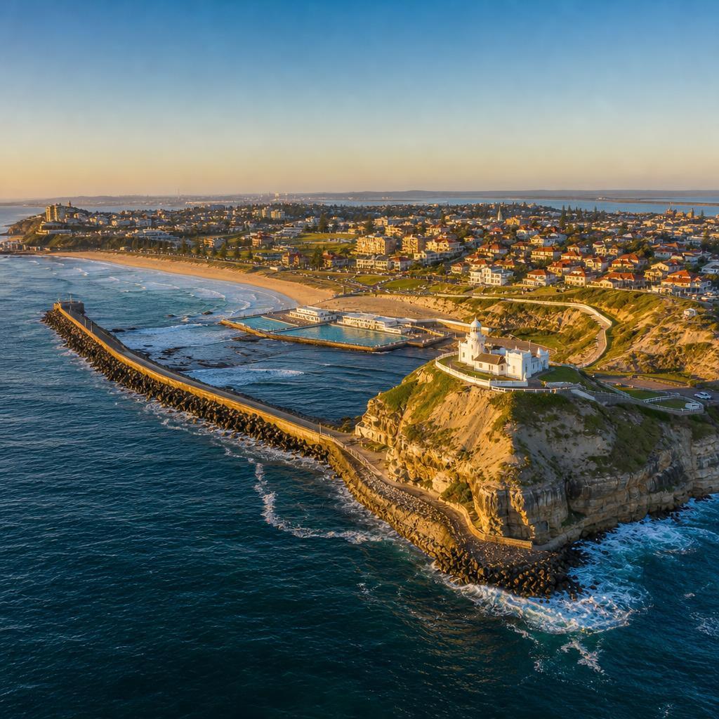 Newcastle NSW coastline with Nobbys Head lighthouse and coastal suburbs — CCTV installation by Aussie CCTV Cams