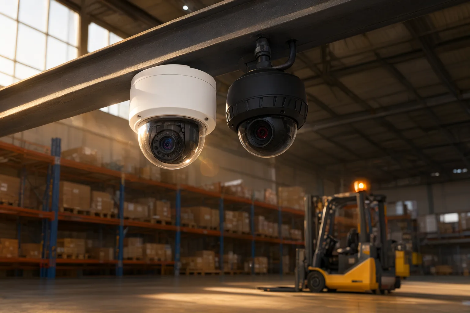 Axis and Uniview commercial CCTV cameras mounted in Australian warehouse interior