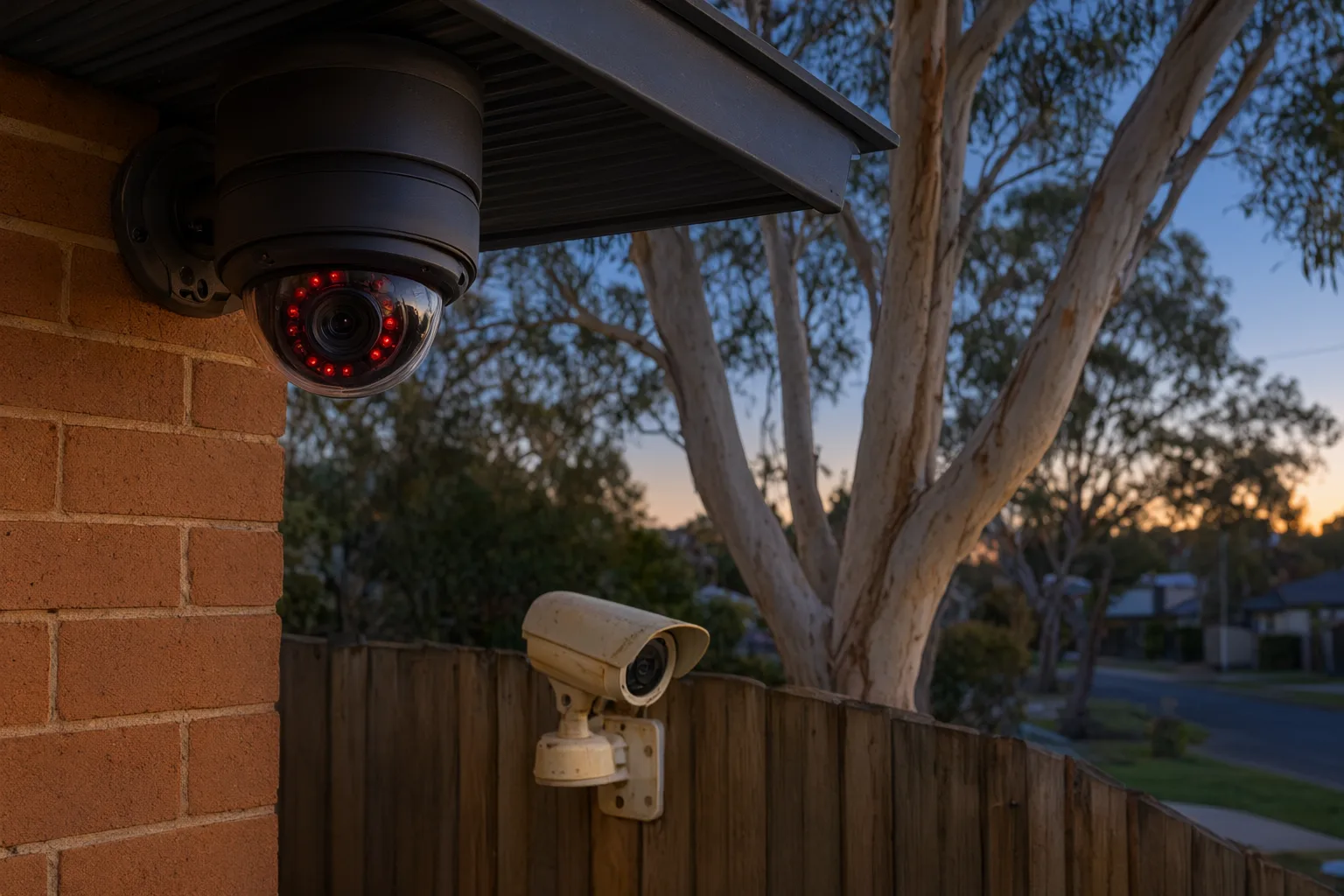 Budget vs premium CCTV cameras compared on an Australian brick home at dusk, showing weathered plastic budget camera and professional metal dome camera