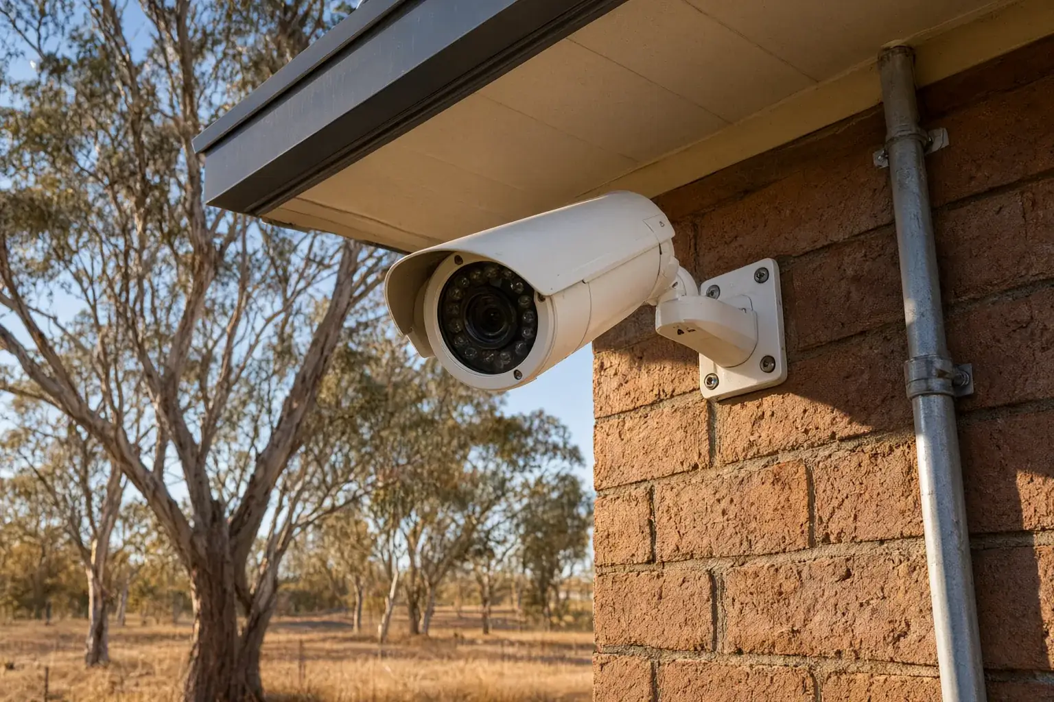 Bushfire-rated CCTV camera with metal conduit installed on an Australian brick veneer home in a bushfire-prone area