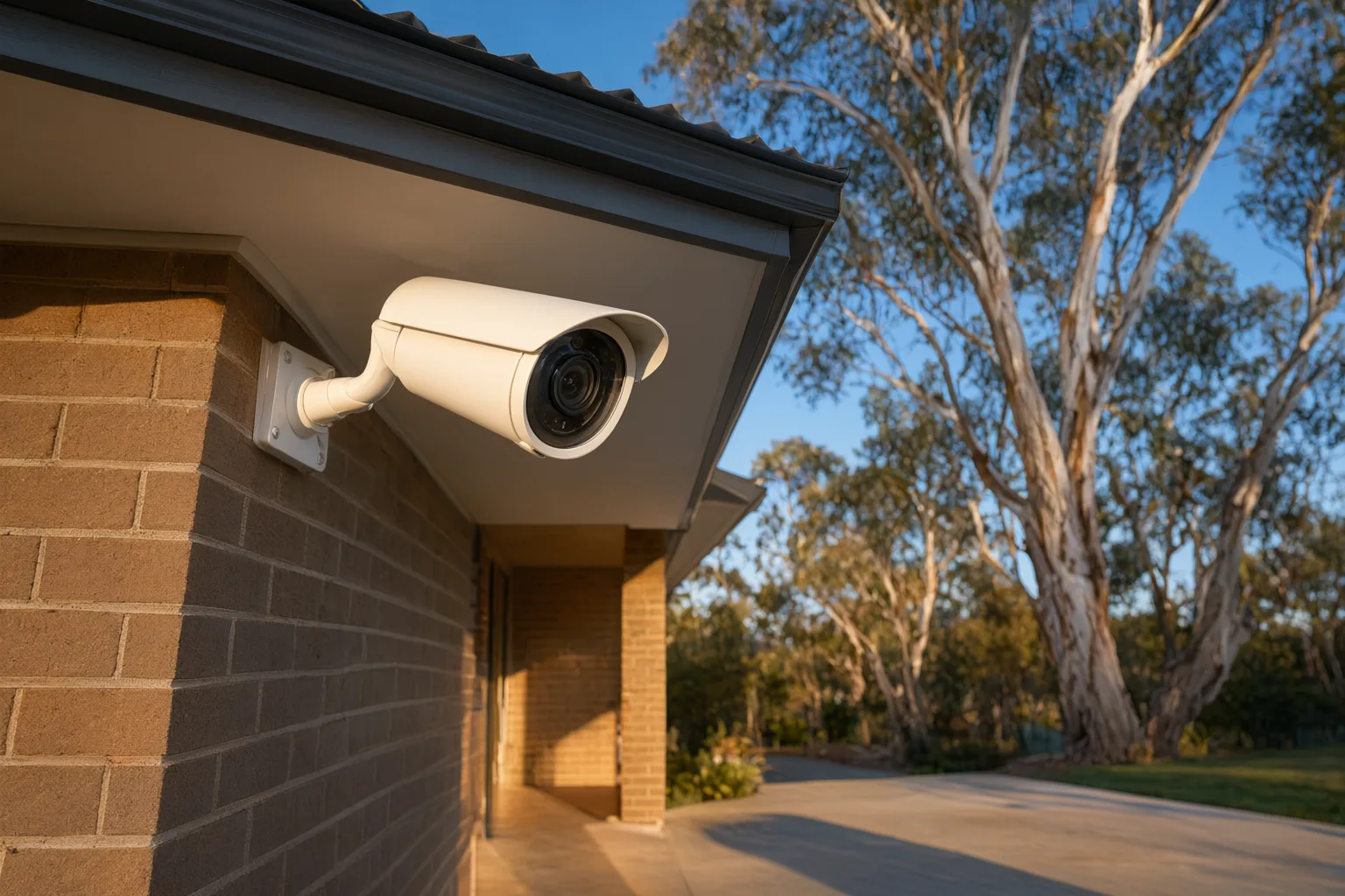 Professional CCTV camera placement at corner of Australian brick veneer home covering front door and driveway entry points