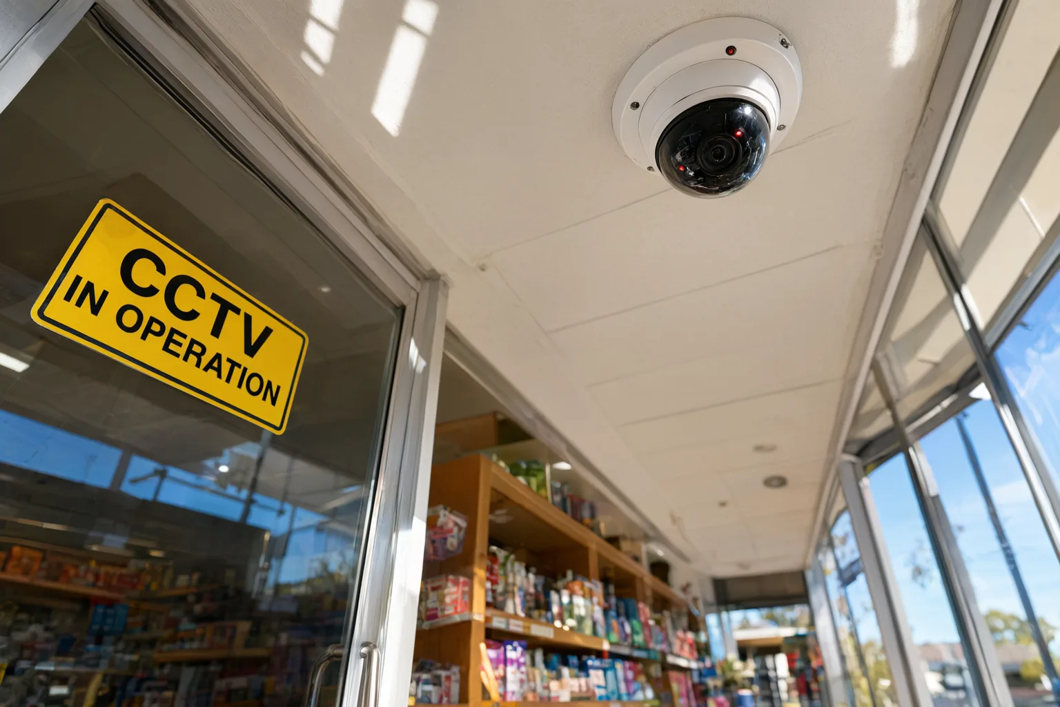 Visible CCTV camera and signage legally installed in an Australian small business premises