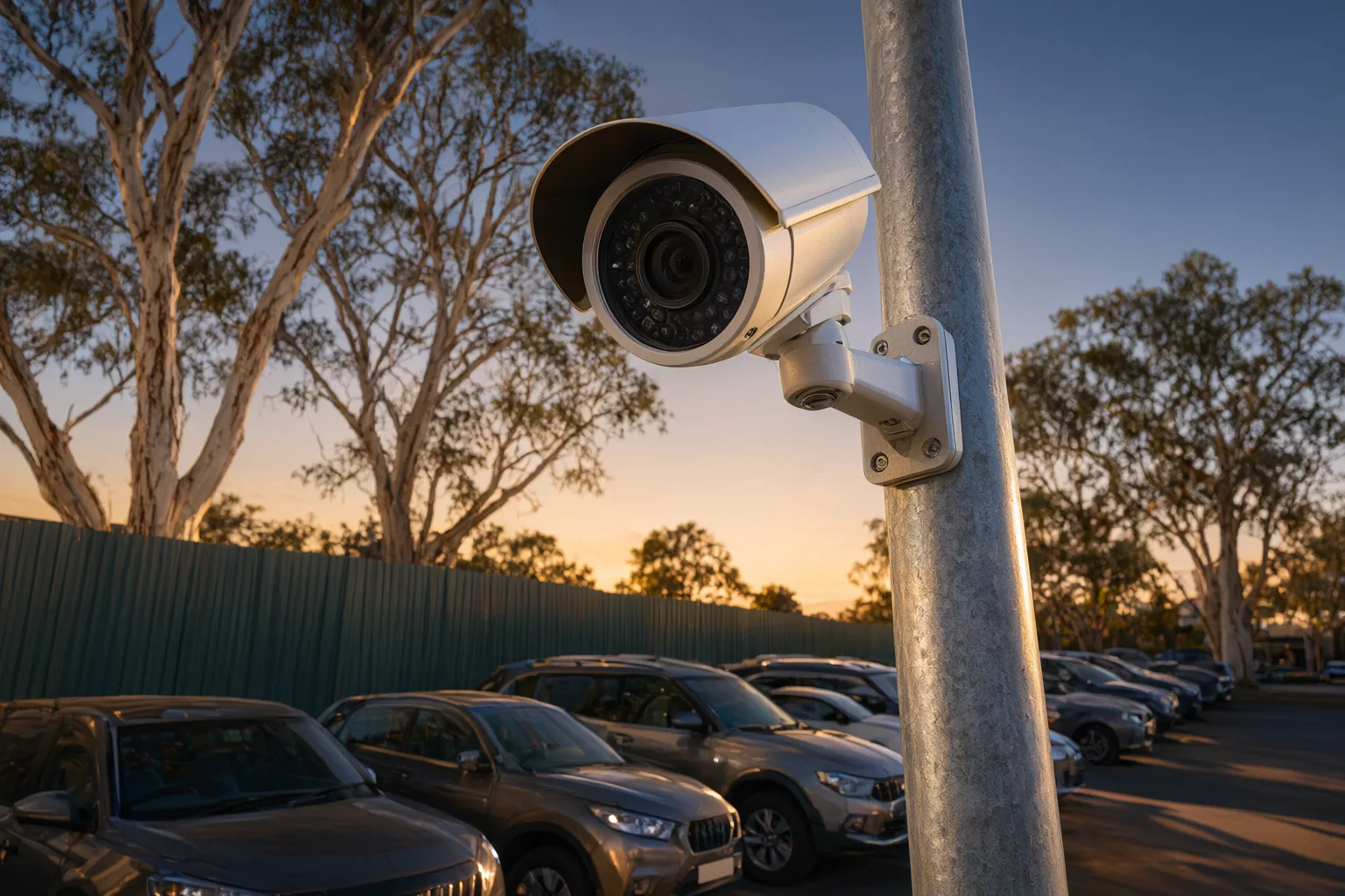 Car yard security camera mounted on high pole overlooking rows of vehicles at Australian dealership during dusk