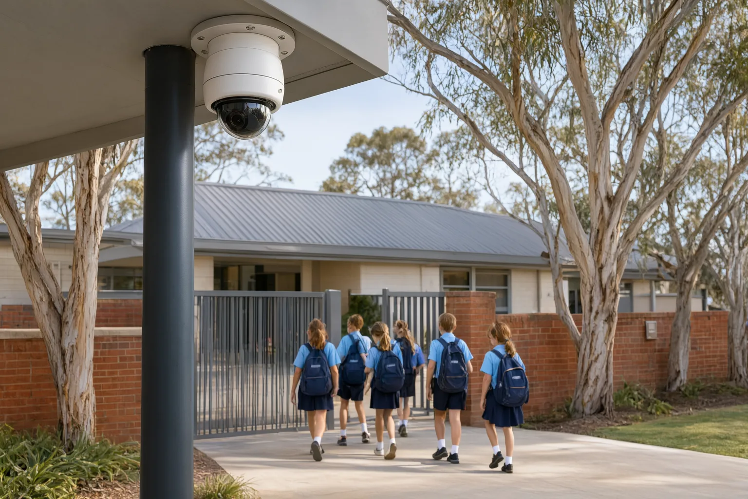 CCTV in schools: dome security camera monitoring the entrance of an Australian primary school with students in uniform