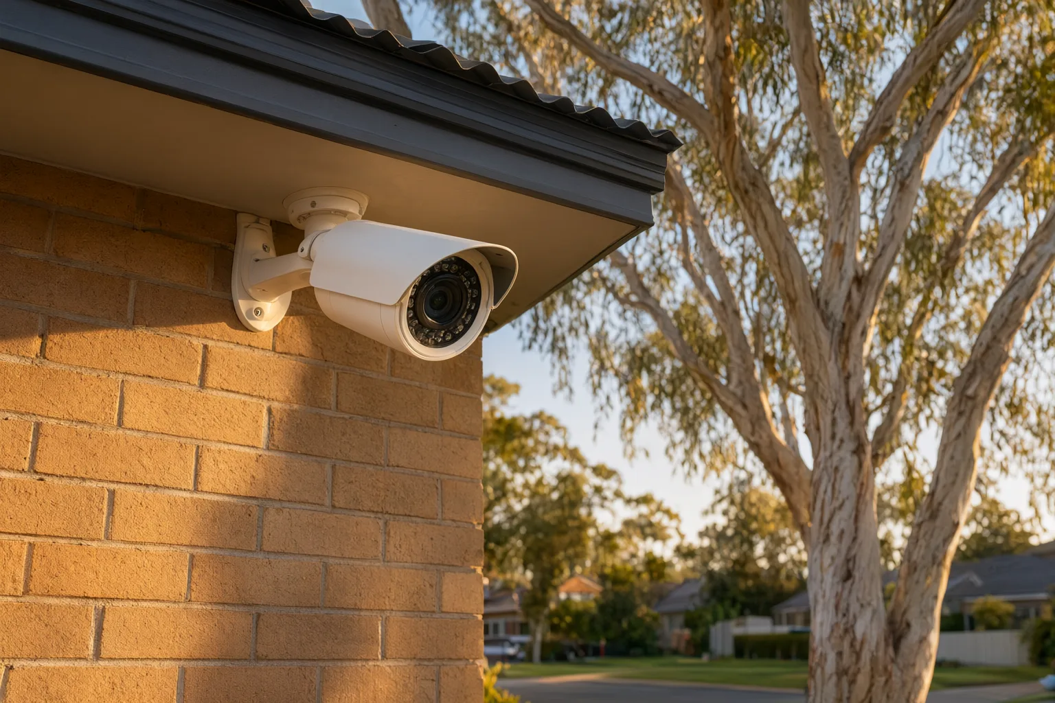 Professional CCTV camera with Australian Consumer Law warranty protection installed on brick veneer home