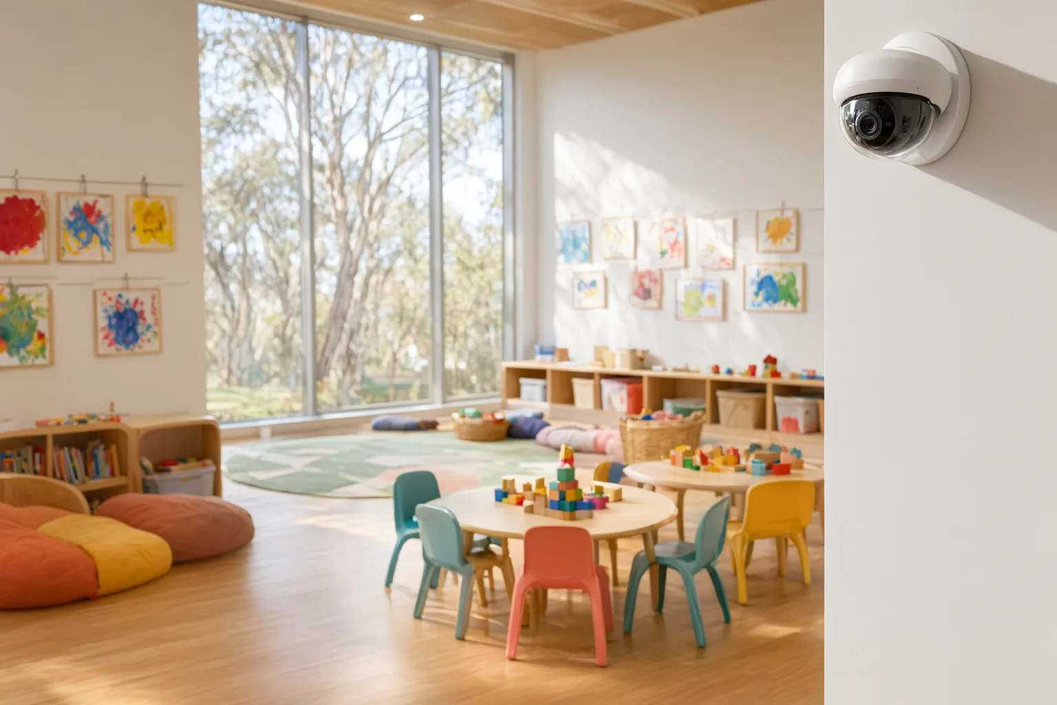 Childcare centre security camera installed in a bright, modern Australian early learning centre playroom