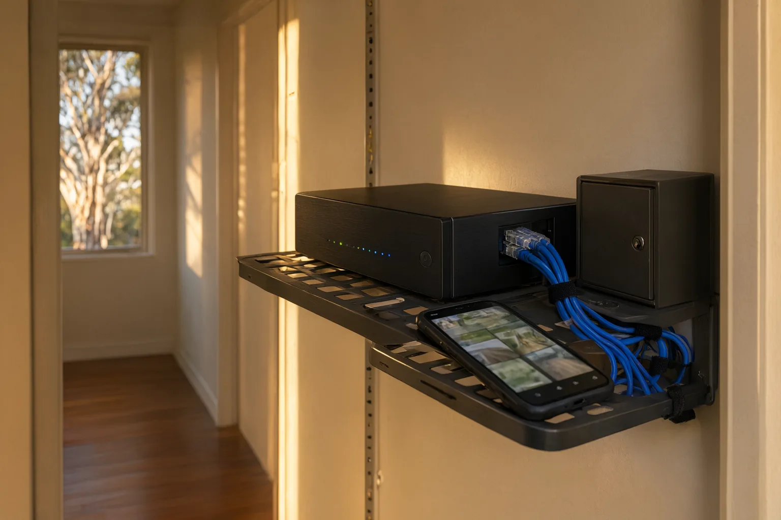 Cloud vs local CCTV storage comparison showing a professionally installed NVR recorder inside an Australian home cupboard