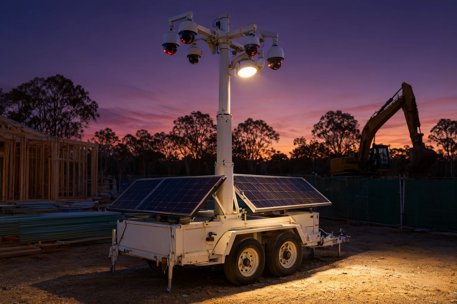 Rapid-deploy construction site CCTV tower with solar power and multiple cameras protecting Australian building site at dusk