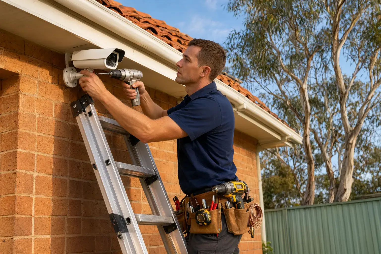 Professional CCTV installation on Australian brick home comparing DIY kits versus licensed installer service