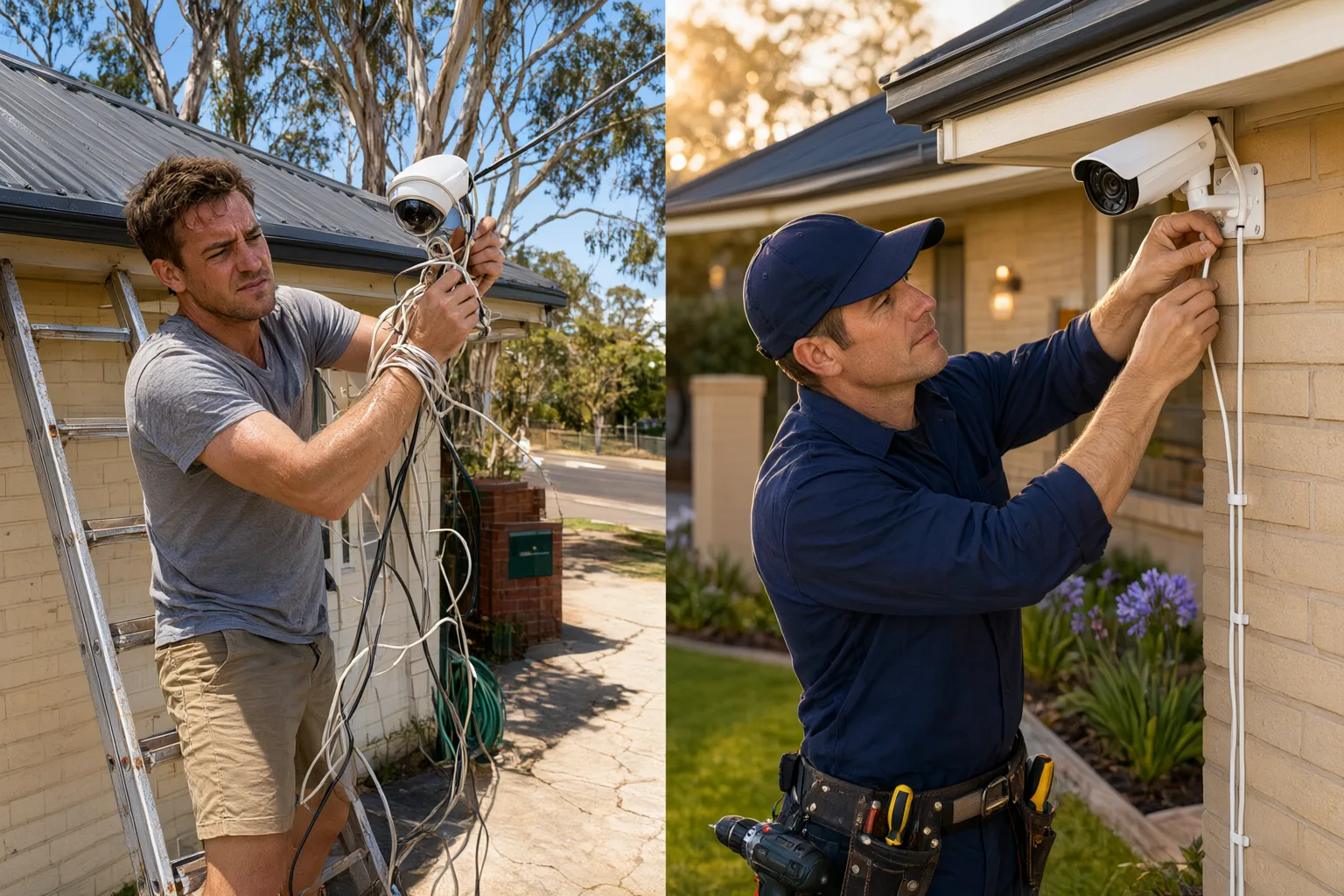 DIY vs professional CCTV installation comparison showing homeowner struggling with consumer camera and licensed installer mounting commercial-grade camera on Australian brick veneer home