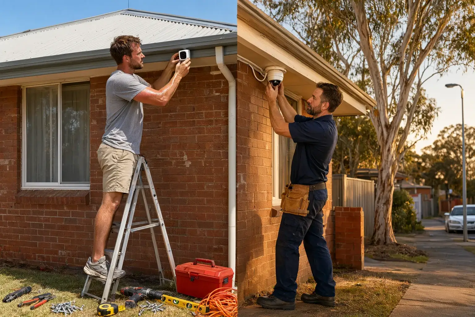 DIY vs professional CCTV installation comparison on an Australian brick veneer home with Colorbond roof
