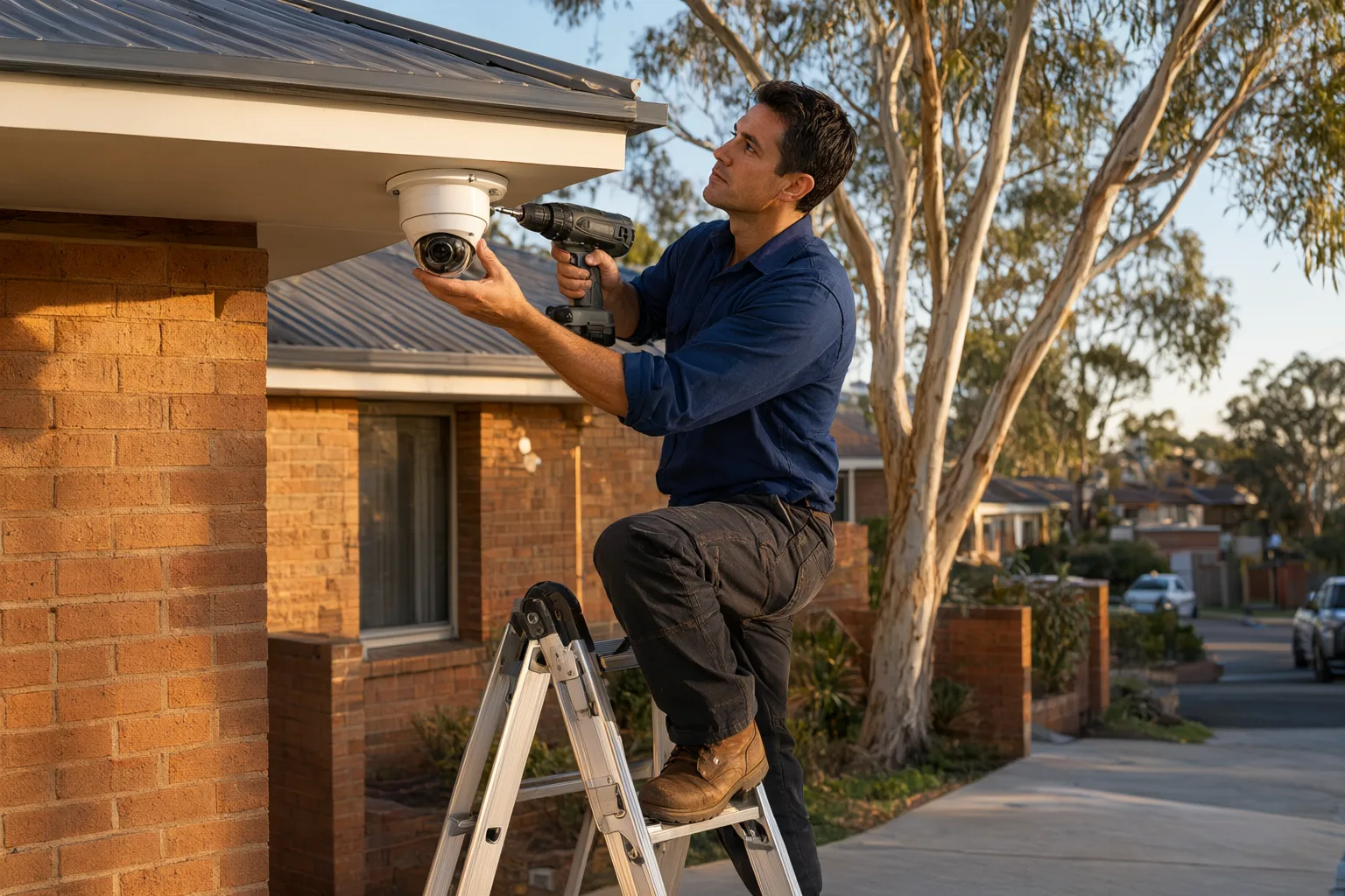 Licensed installer mounting a CCTV camera on an Australian brick home, no council approval needed for most residential CCTV