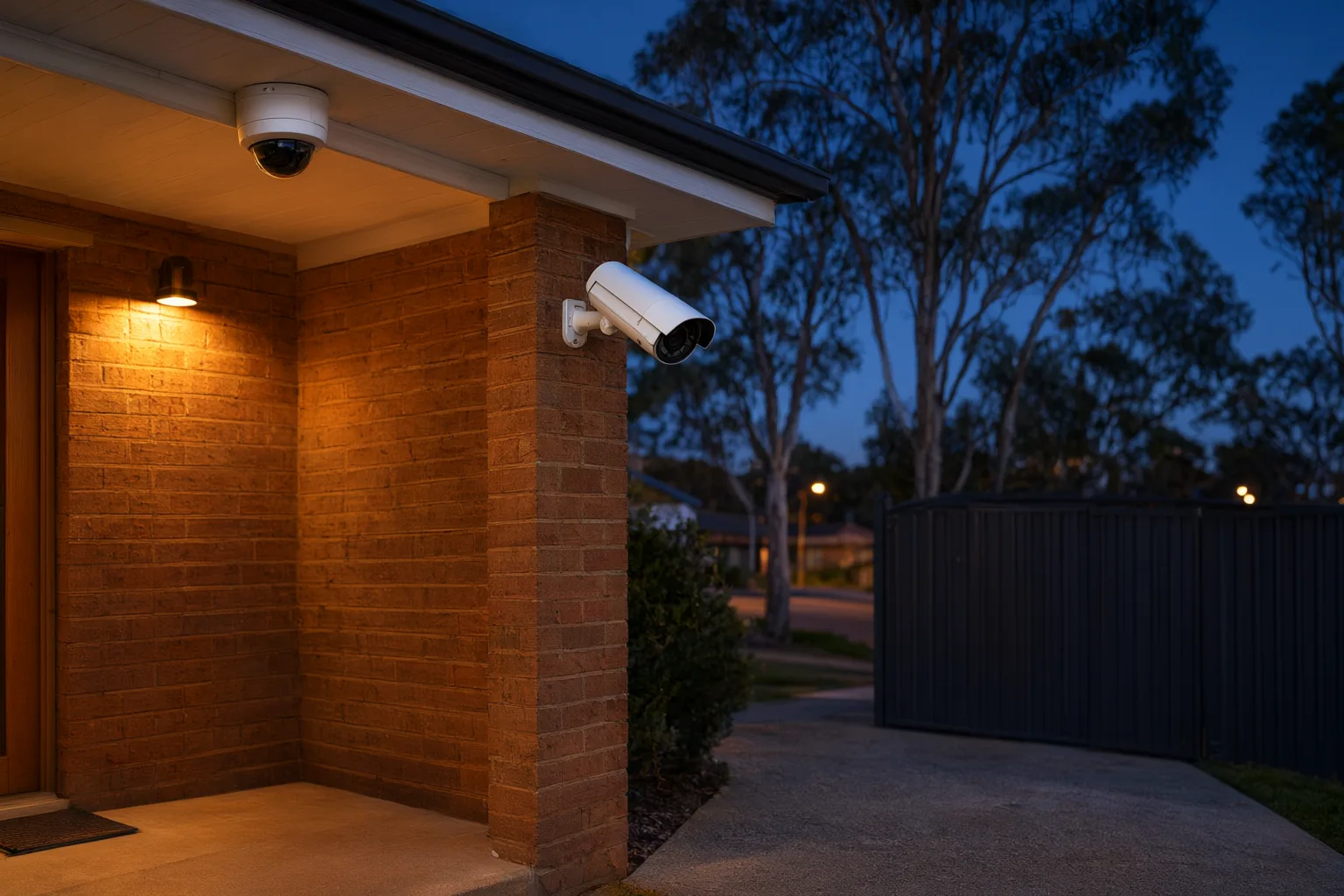 Dome vs bullet cameras installed on an Australian brick veneer home at dusk, showing both CCTV camera styles under the eaves