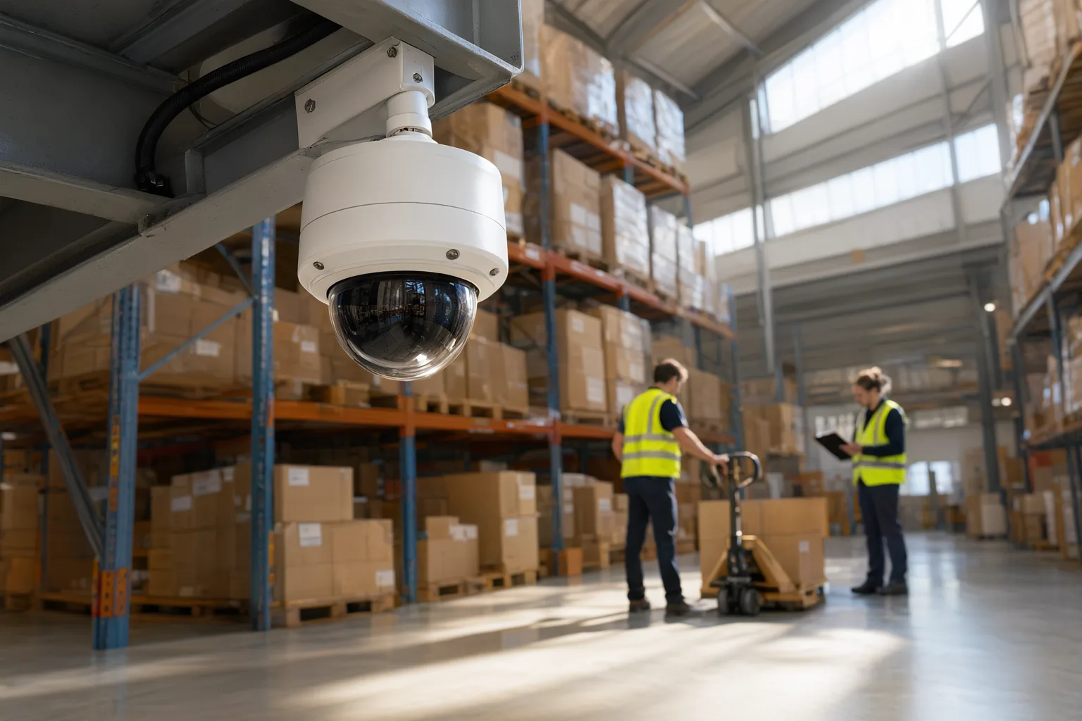 Workplace CCTV camera mounted on a steel beam inside an Australian warehouse, illustrating ethical employee monitoring in a commercial setting