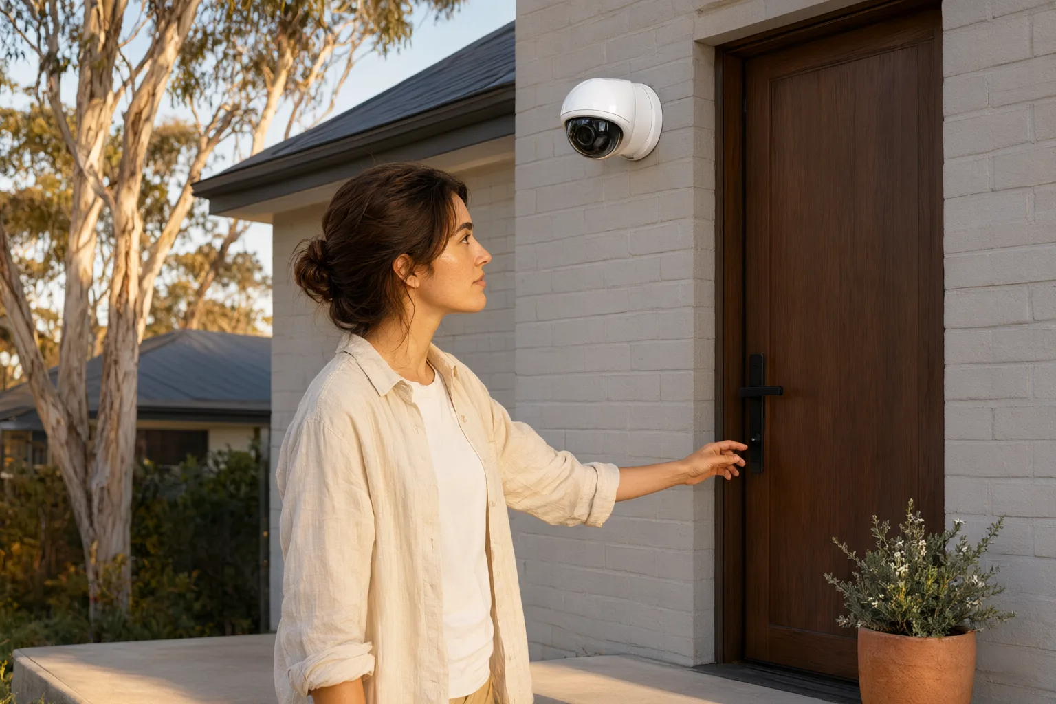 Front door camera placement at optimal height on Australian brick home capturing clear facial image of visitor