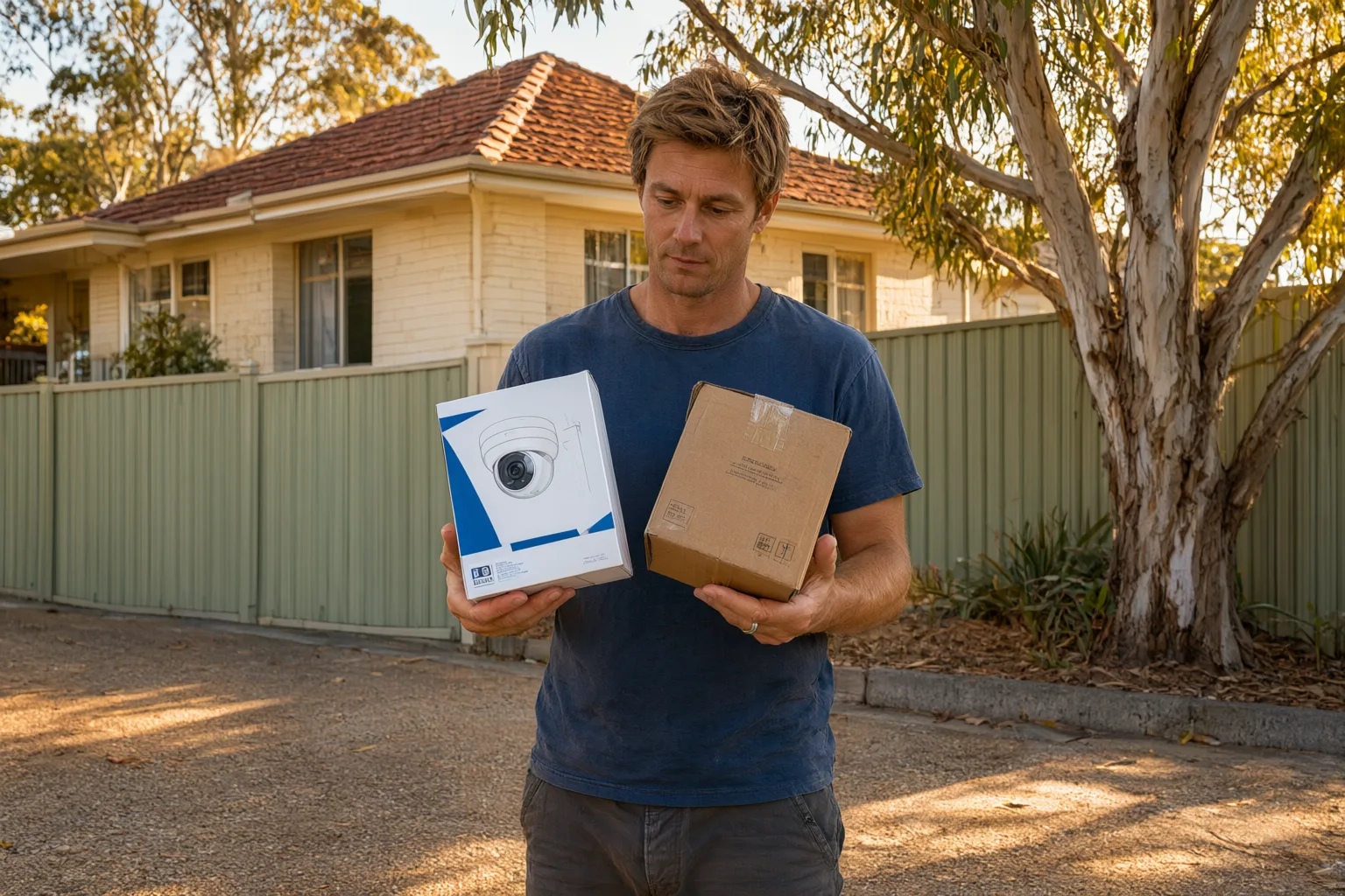 Homeowner comparing grey import and genuine Australian CCTV cameras in suburban Sydney driveway