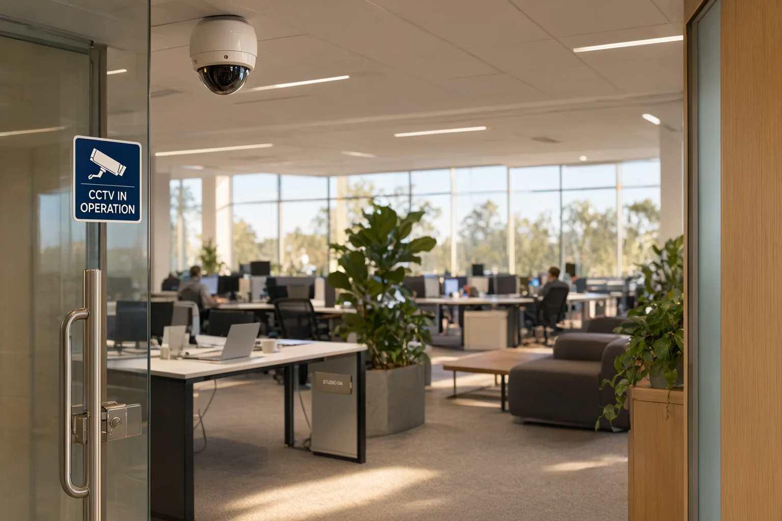 Visible workplace CCTV camera with signage in an Australian office, illustrating legal overt surveillance instead of hidden cameras