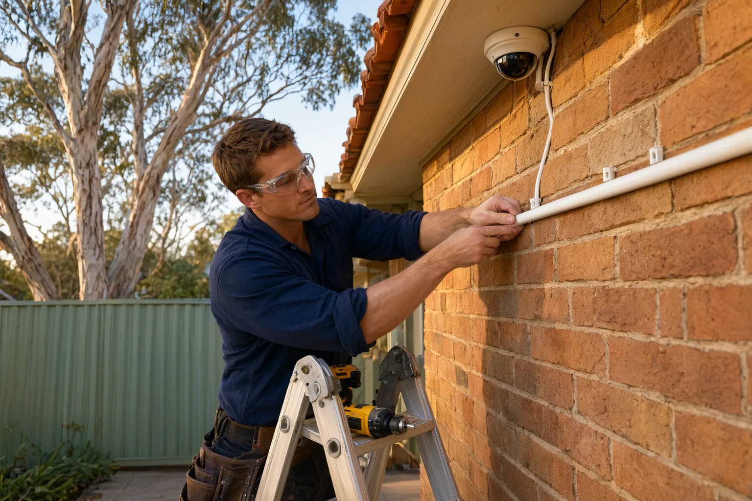 CCTV installer running conduit on a brick veneer home, illustrating hidden costs of CCTV installation in Australia