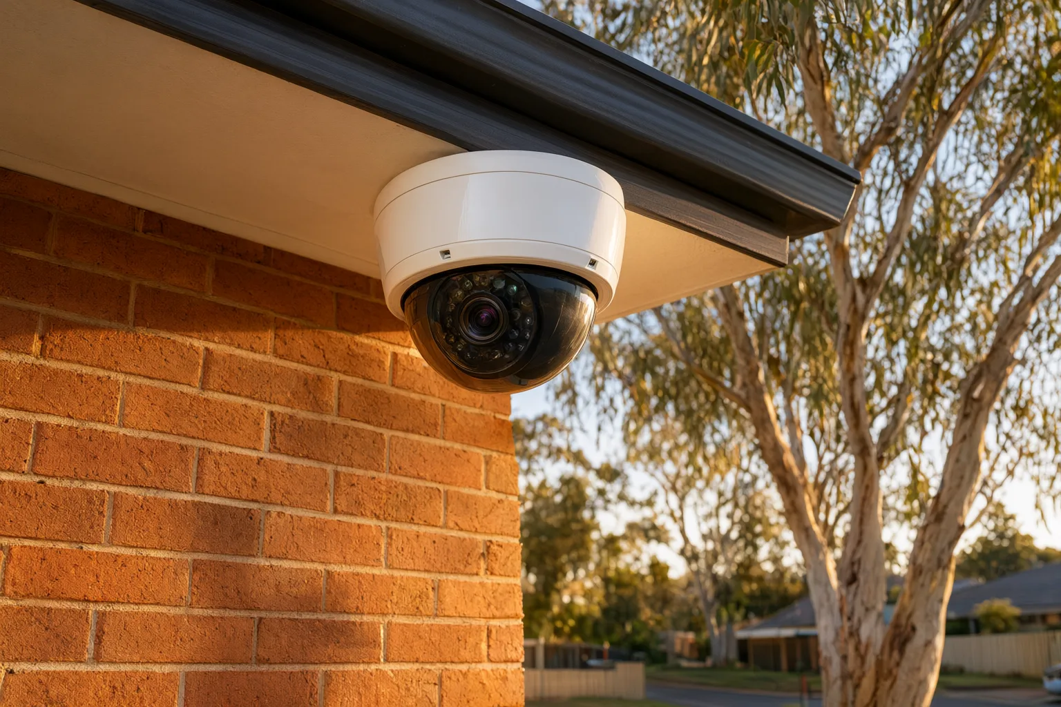 Hikvision turret camera installed under the eave of an Australian brick veneer home showing camera tier pricing context