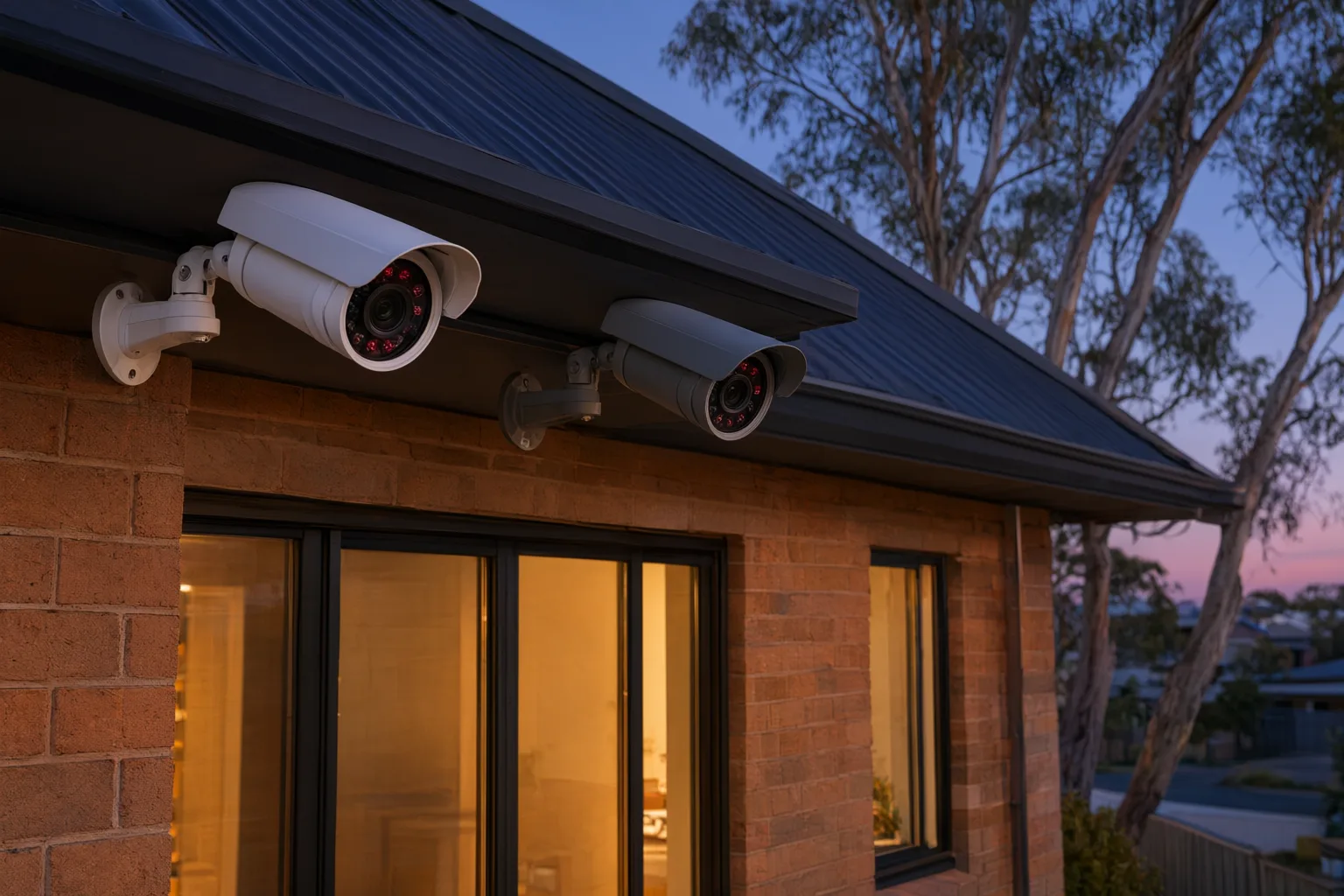 Hikvision vs Dahua CCTV cameras installed on Australian brick home at dusk showing professional outdoor security camera comparison