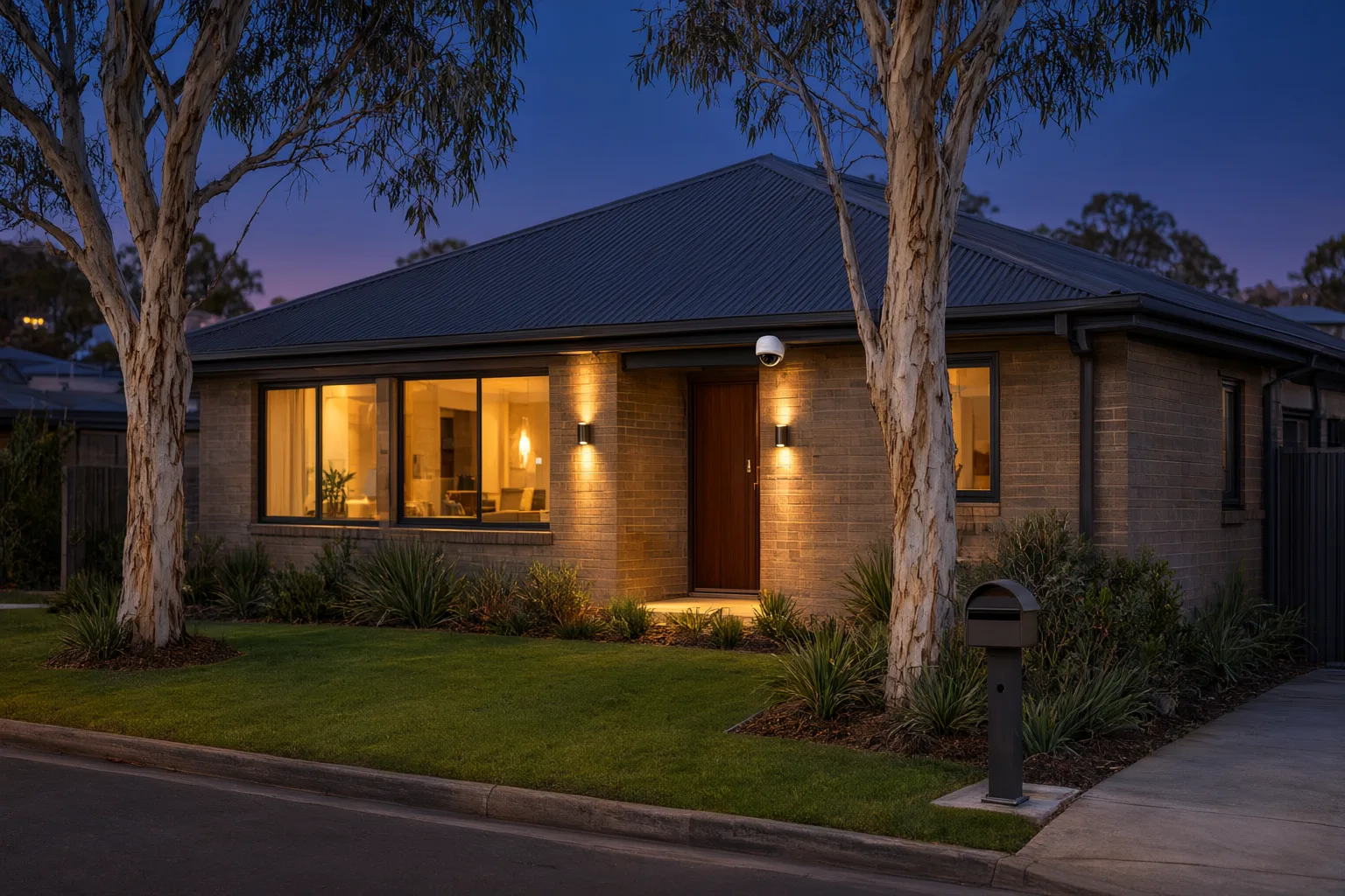 Holiday mode CCTV security camera monitoring an Australian brick veneer home at dusk while owners travel