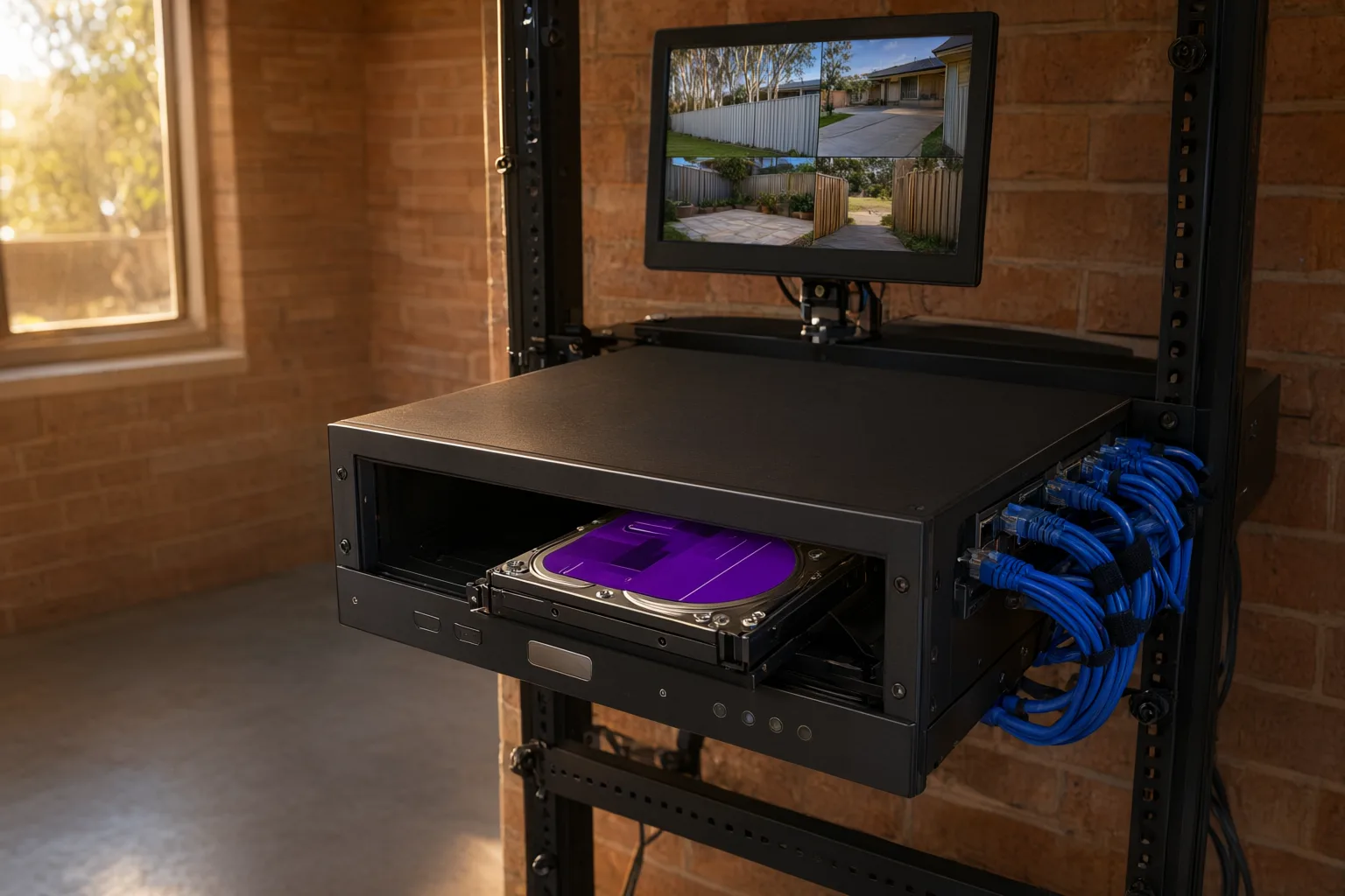 NVR with surveillance hard drive installed in an Australian home garage for CCTV footage retention and storage