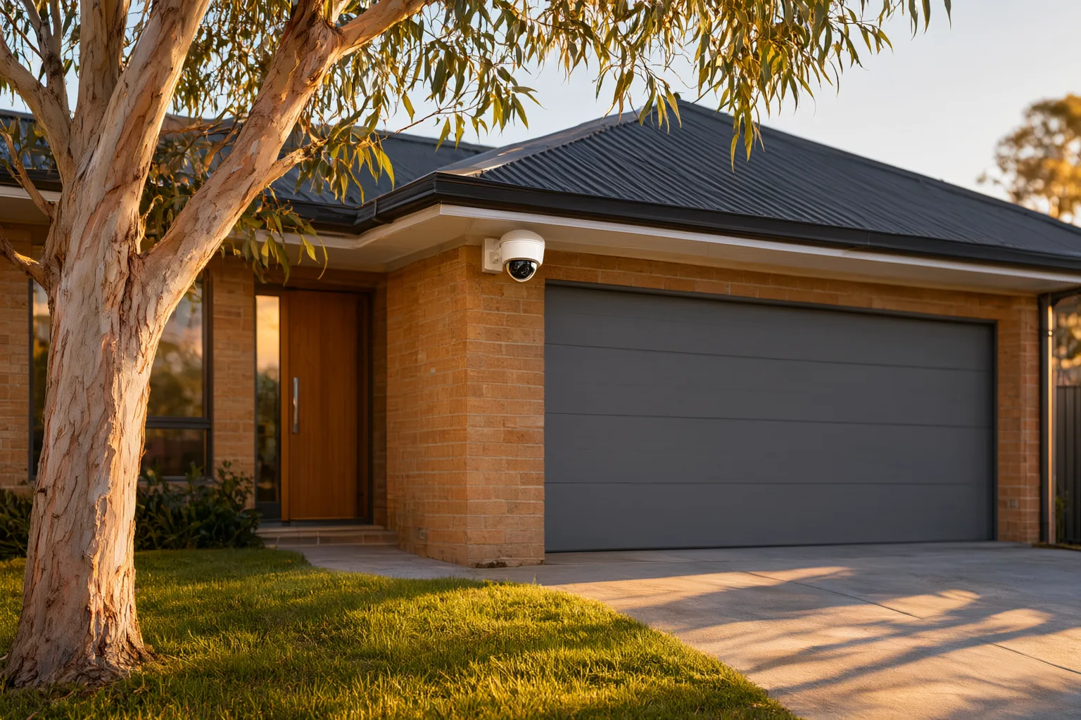 4-camera CCTV system cost Australia — professionally installed dome camera under the eave of a brick veneer home