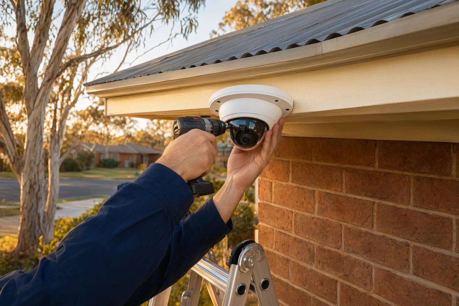 Technician installing a CCTV camera on an Australian brick home, illustrating CCTV installation cost in Australia