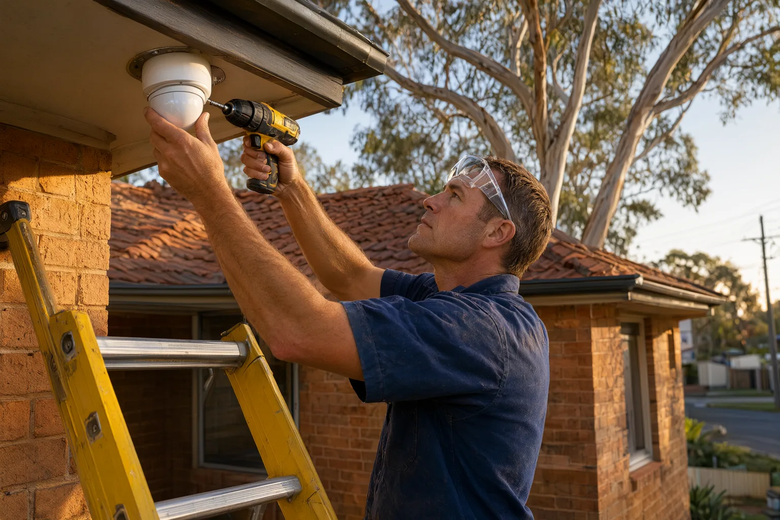 Professional CCTV installation cost Australia - licensed technician installing security camera on brick home