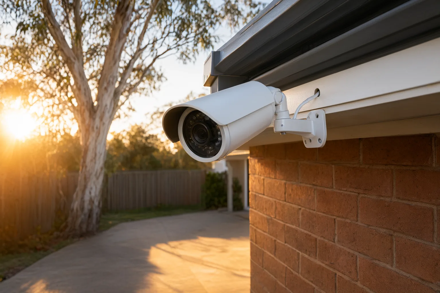 Professionally installed CCTV camera with sun shield mounted under eaves to avoid glare and backlighting