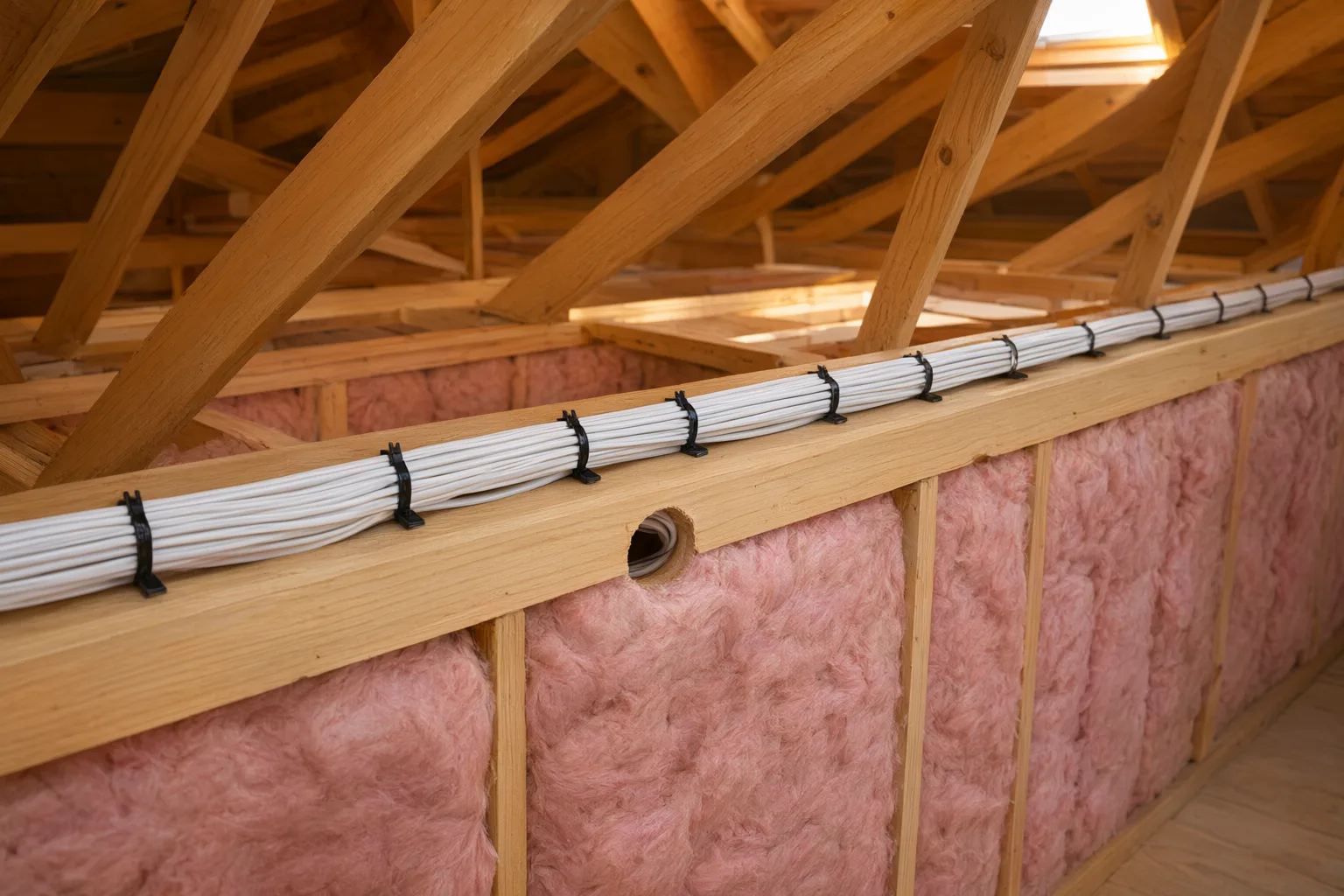 Hidden CCTV cable run through roof cavity of Australian brick veneer home showing neat Cat6 Ethernet cabling secured along timber framing