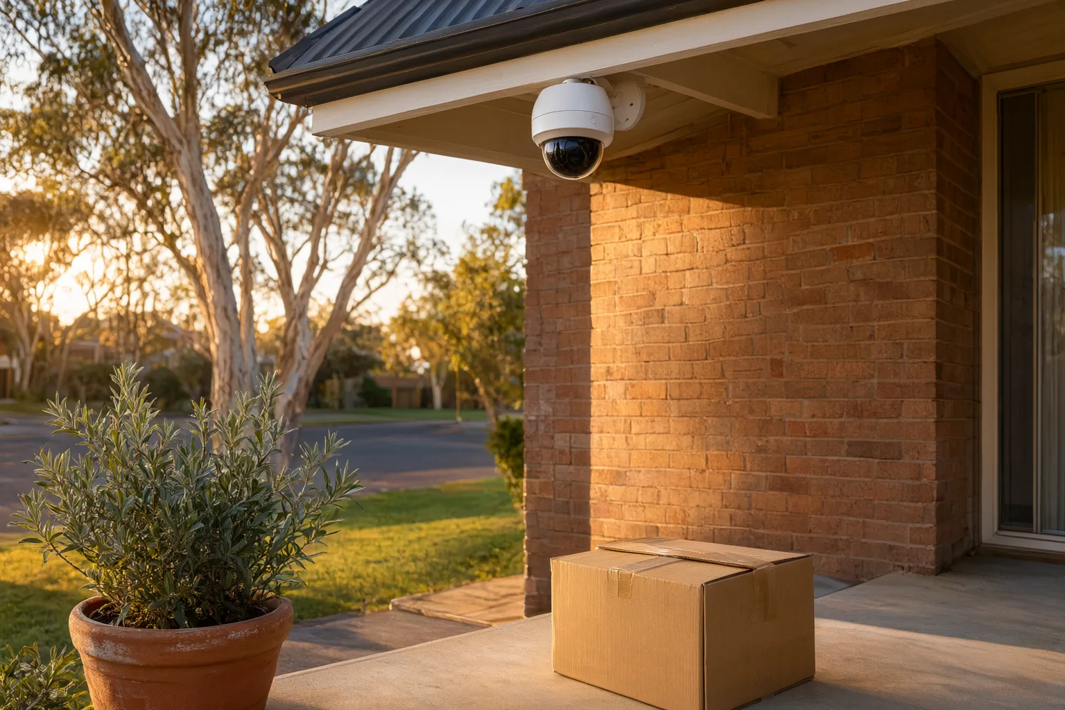 Smart security camera mounted under the eave of an Australian brick home watching over a parcel on the front porch to stop parcel theft