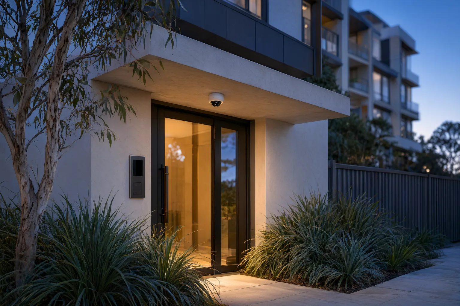 CCTV camera installed at a strata complex entrance in NSW with approval from the owners corporation