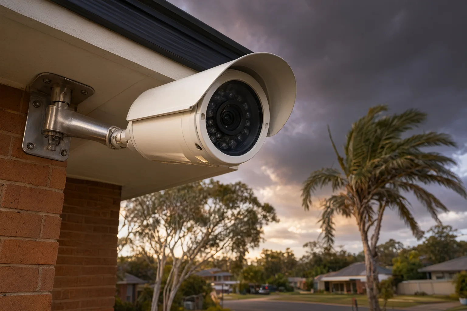 Cyclone-rated security camera with heavy-duty bracket mounted under the eave of an Australian brick home as storm clouds build