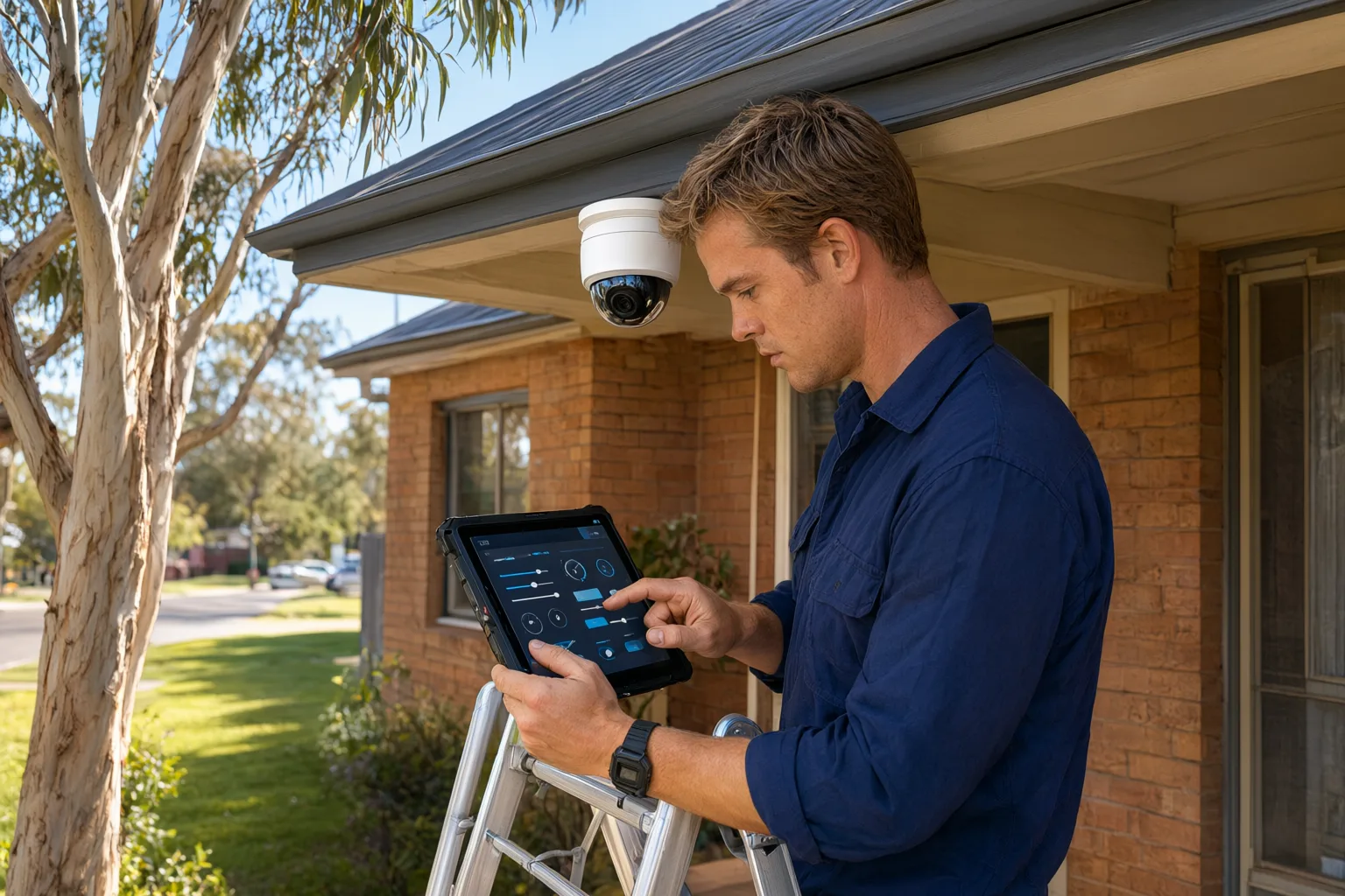 Technician configuring CCTV audio recording settings on a tablet beside a camera mounted on an Australian brick home, illustrating CCTV audio recording legality in Australia