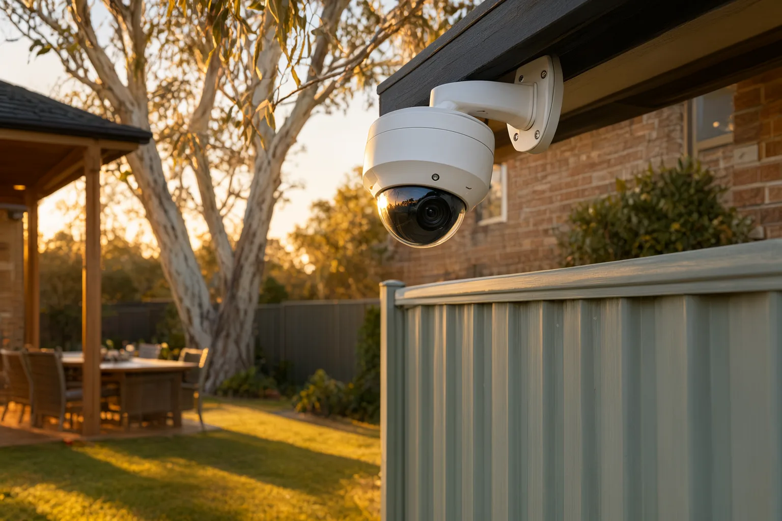 Neighbour's security camera mounted on brick house overlooking Australian backyard with Colorbond fence, illustrating residential CCTV privacy rights
