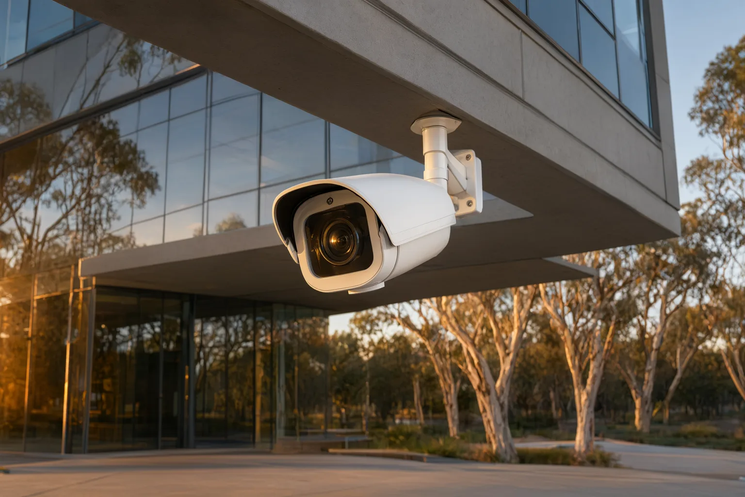 NDAA-approved CCTV camera mounted on a modern Australian commercial building exterior at golden hour