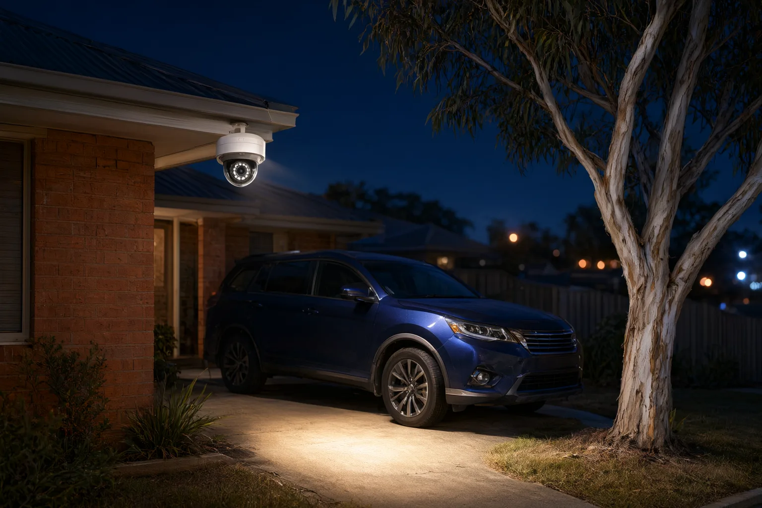 Colour-at-night CCTV camera illuminating the driveway of a brick veneer Australian home after dark