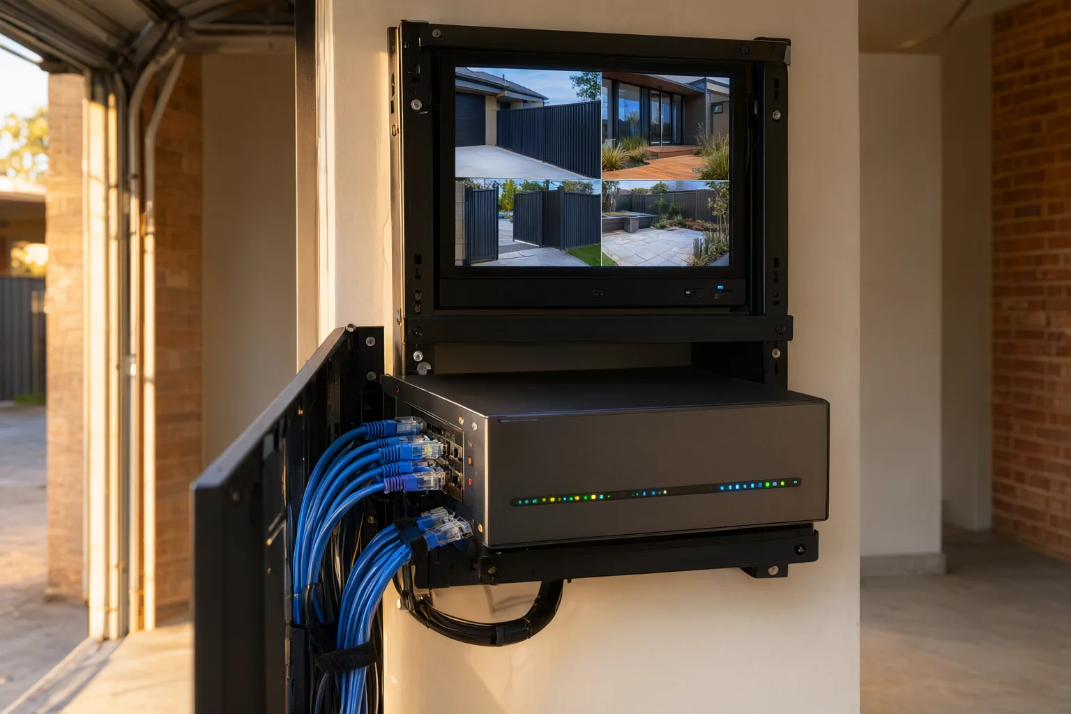 NVR vs DVR comparison — a network video recorder with PoE Ethernet cabling installed in an Australian home garage