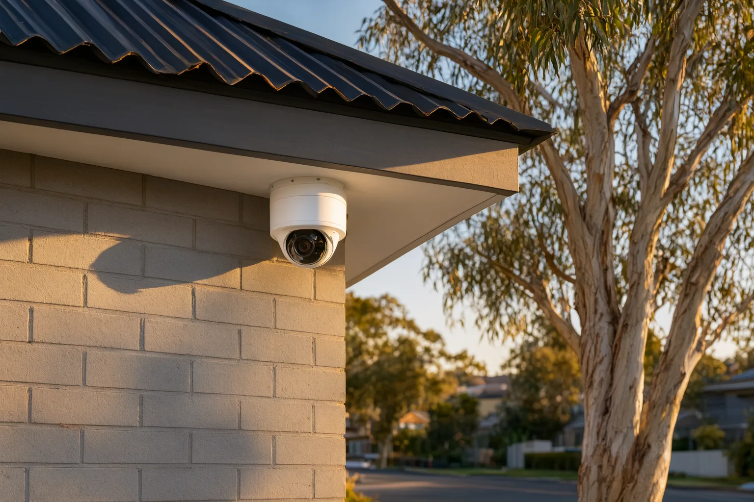 A professionally installed home security camera on an Australian brick home, illustrating the price per camera.