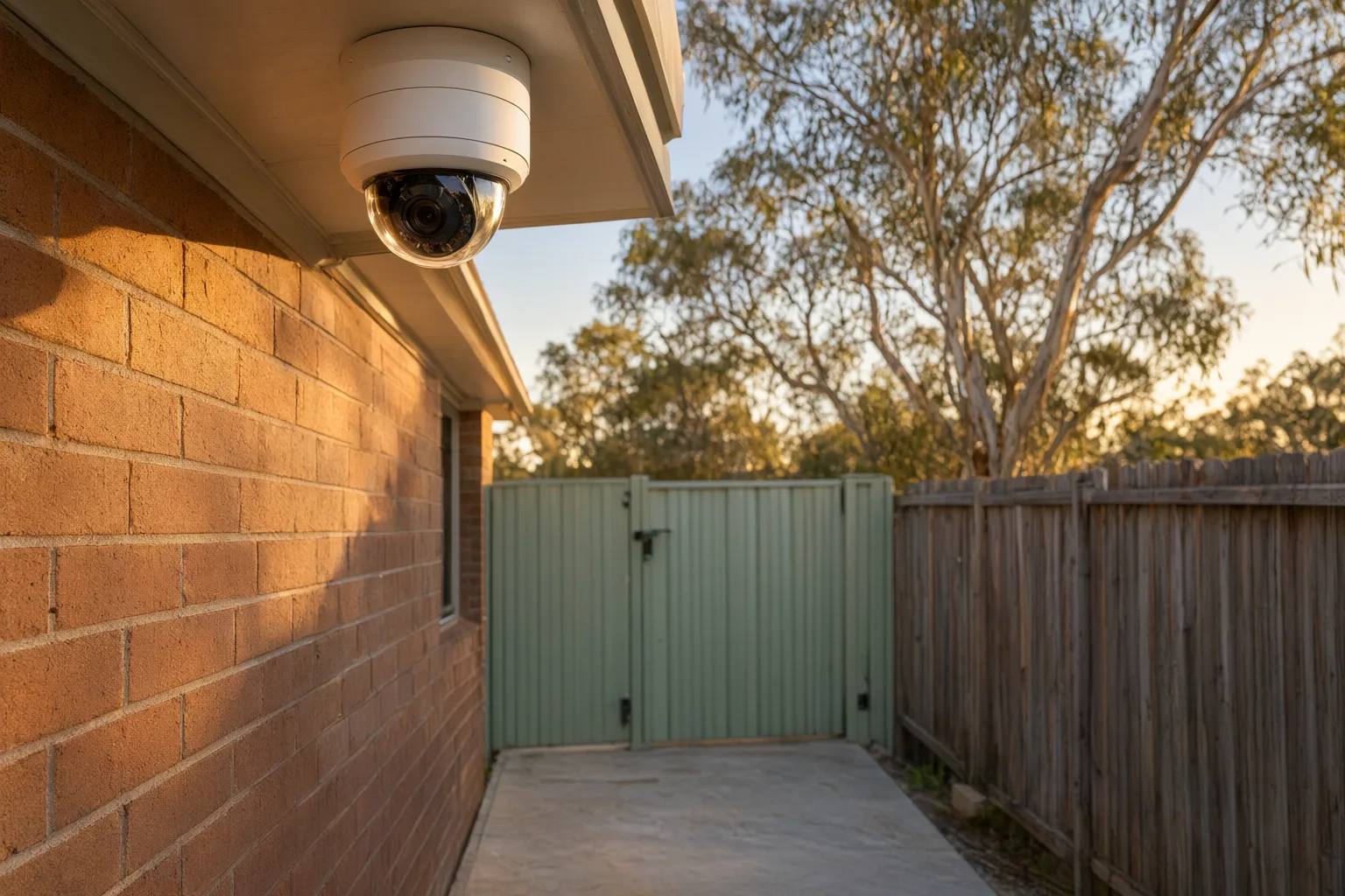 Professionally installed home CCTV camera on Australian brick home, legally positioned to monitor side gate without recording neighbours