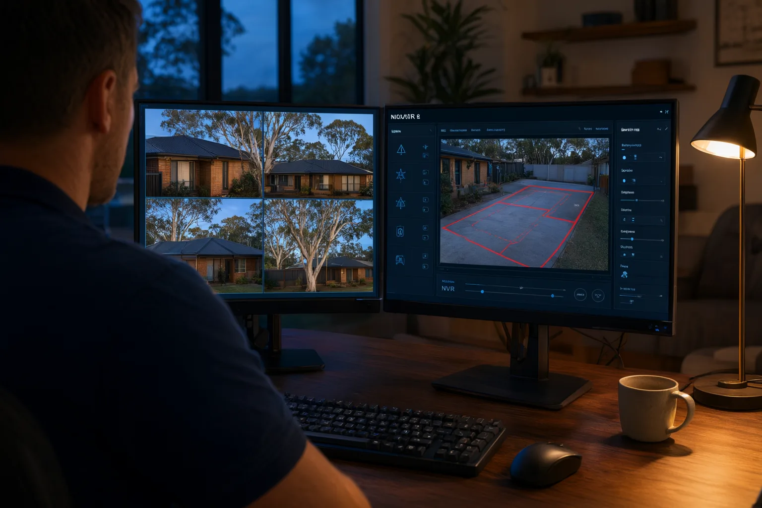 Remote CCTV configuration in progress on dual monitors, with an installer managing security cameras off-site for an Australian home