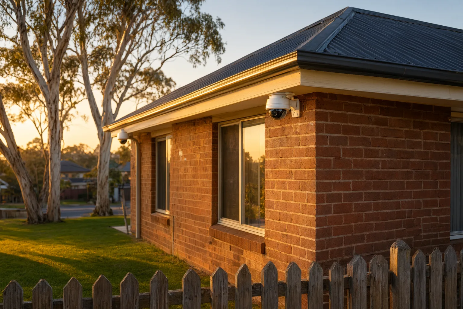 Reolink vs Swann budget CCTV cameras mounted under the eaves of an Australian brick veneer home at sunset