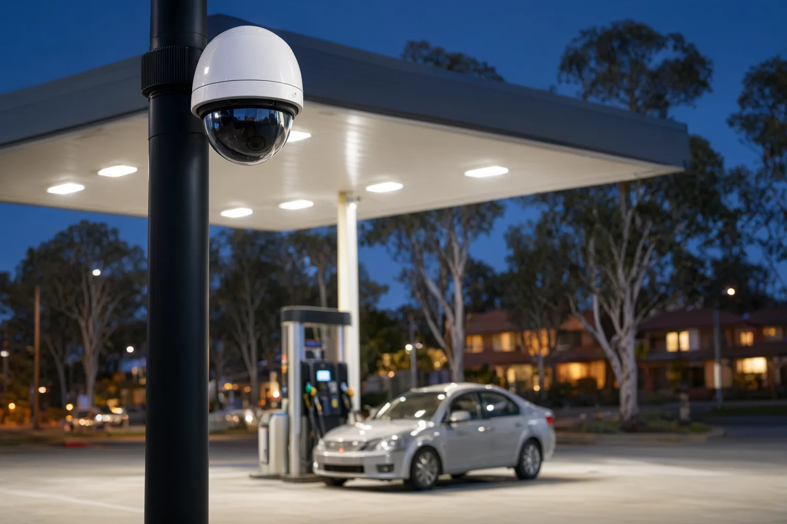 Service station CCTV camera mounted on pole overlooking fuel bowsers at dusk