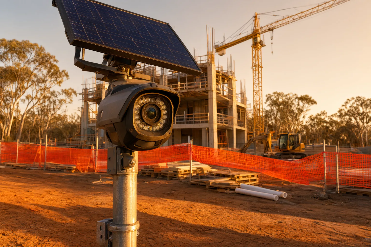 Solar-powered security camera mounted on temporary pole at Australian construction site with building frame and crane in background