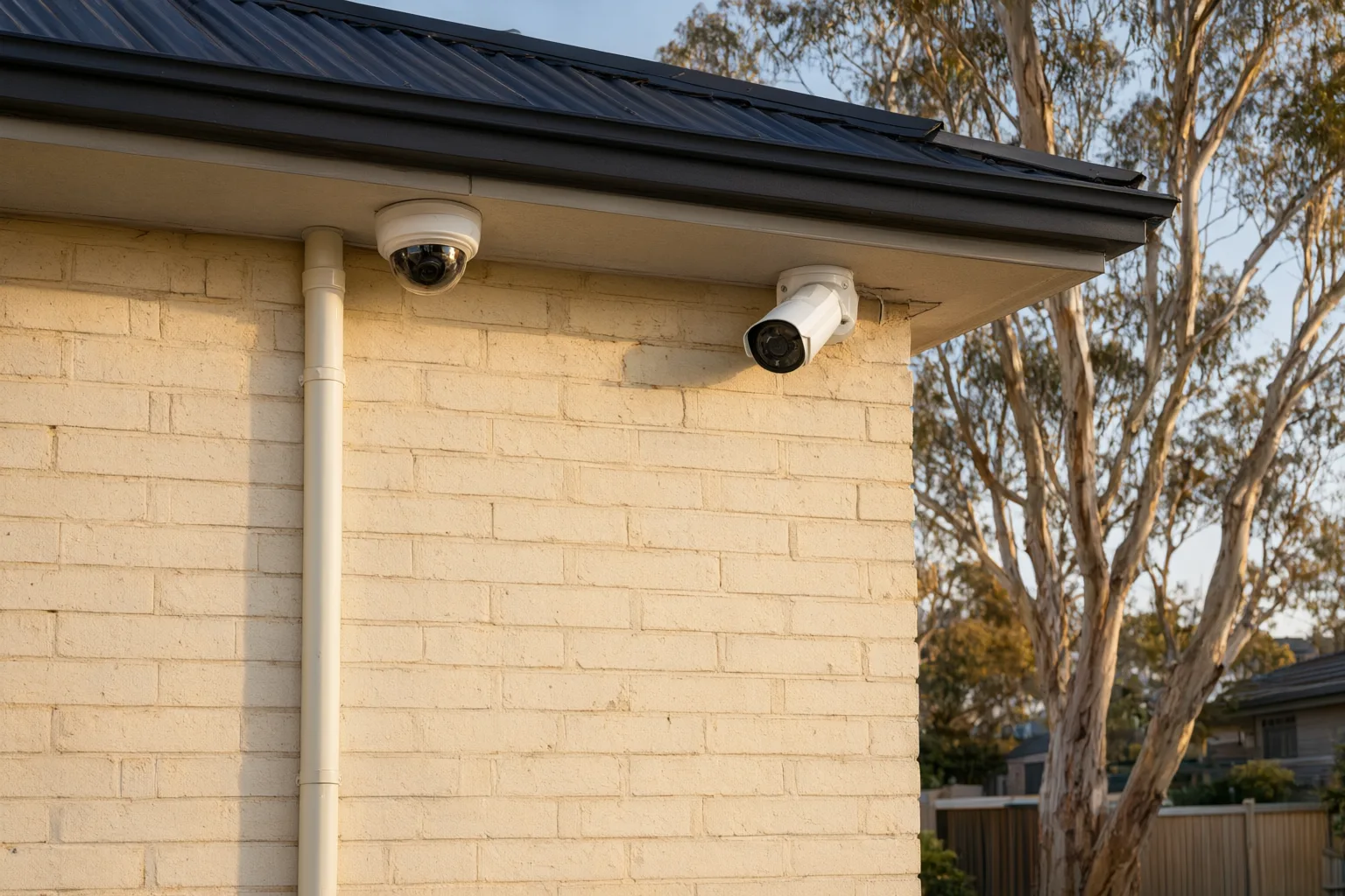 Surface-mounted vs recessed CCTV cabling comparison on an Australian brick veneer home exterior