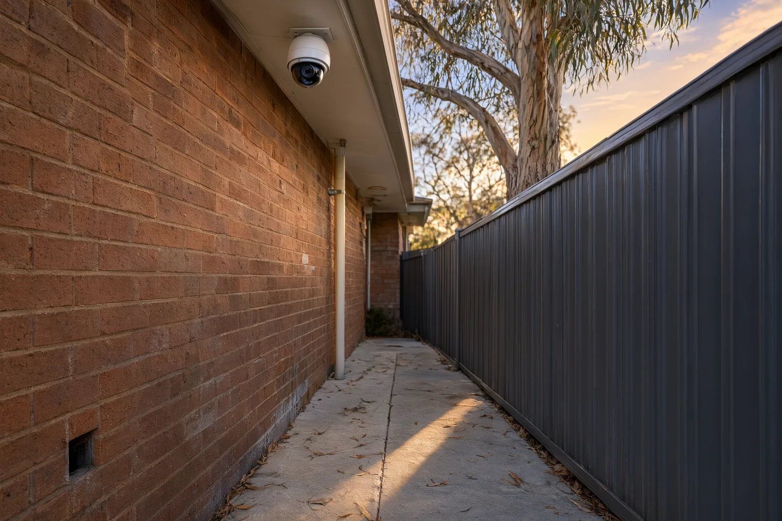 Best camera angle for side access coverage showing a turret security camera mounted under the eave of an Australian brick home overlooking a narrow side passage