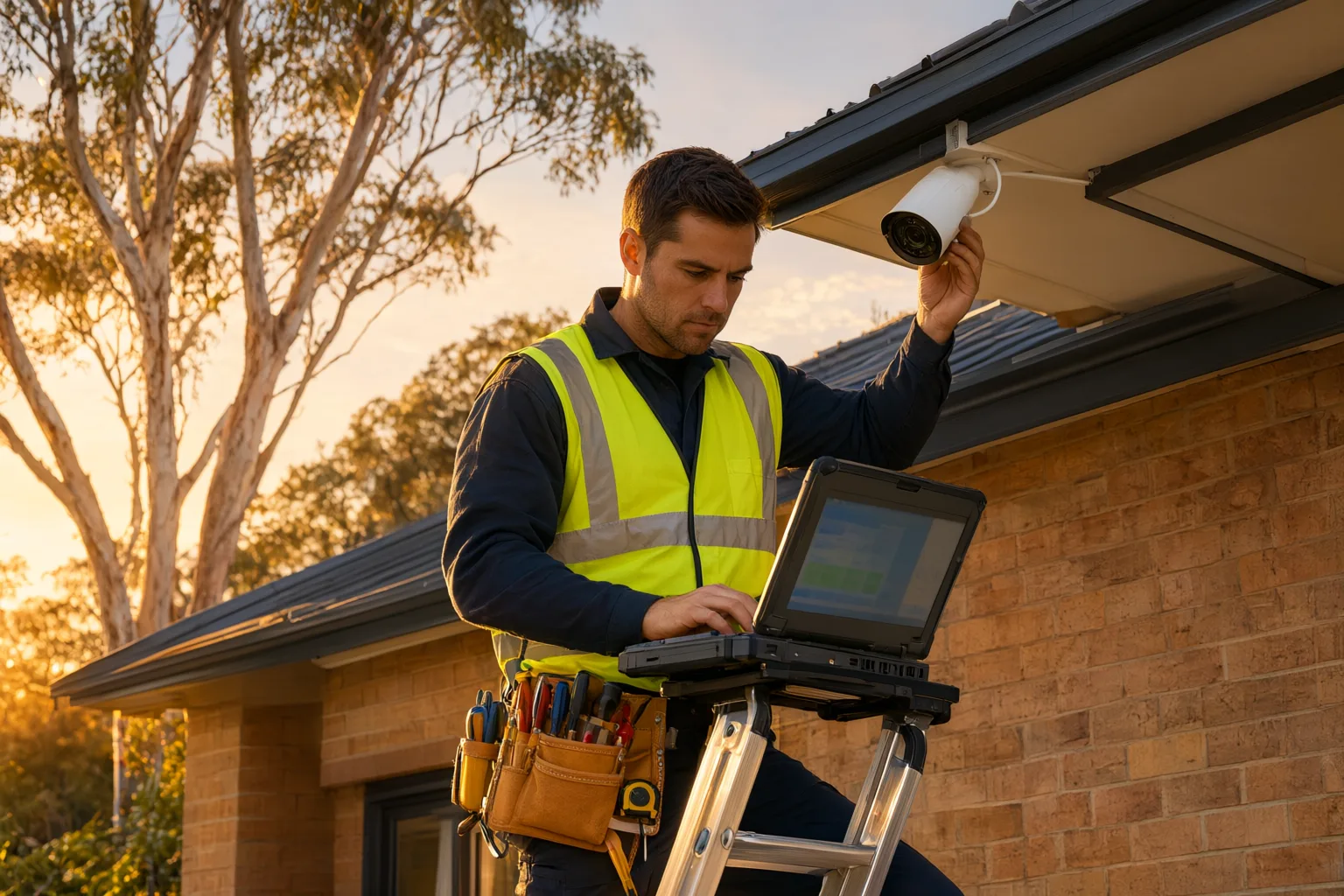 A professional technician performing CCTV commissioning on a home security camera system in a suburban Australian setting.