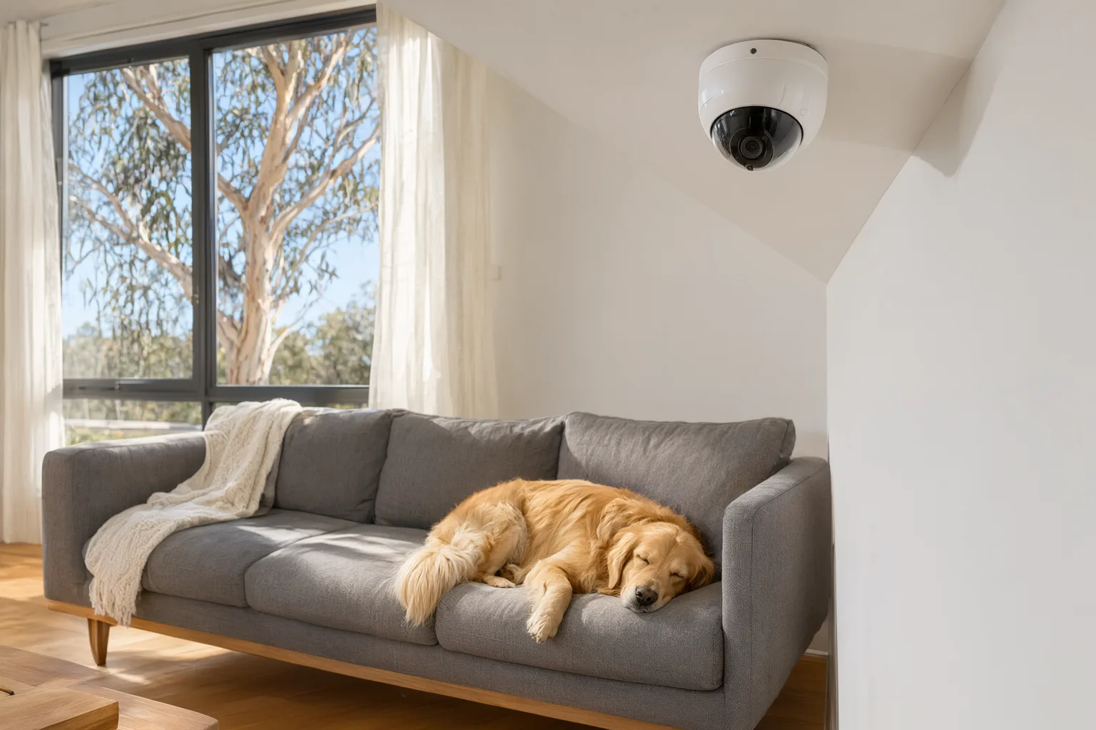 Home CCTV camera monitoring pet dog in Australian living room while owner is at work